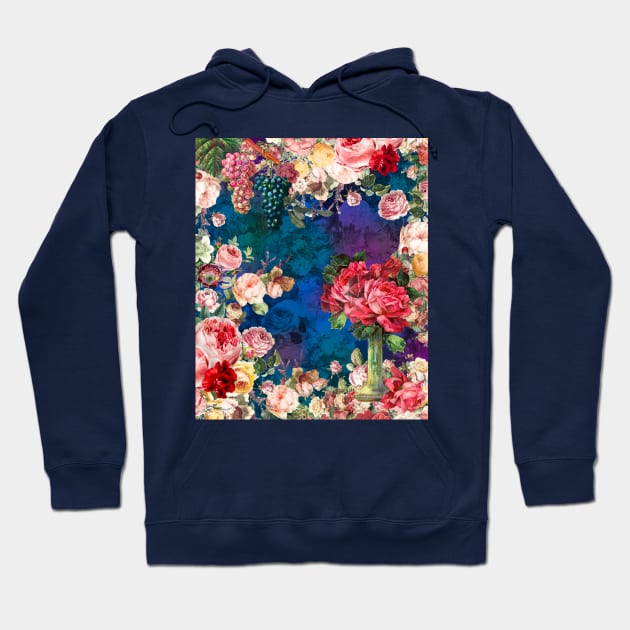 Elegant Vintage flowers and roses garden shabby chic, vintage botanical, pink floral pattern dark blue artwork over a T-Shirt Hoodie by Zeinab taha